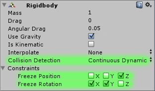 Rigidbody settings adjusted for our needs.