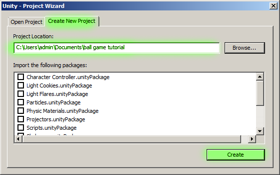 Create new project wizard.