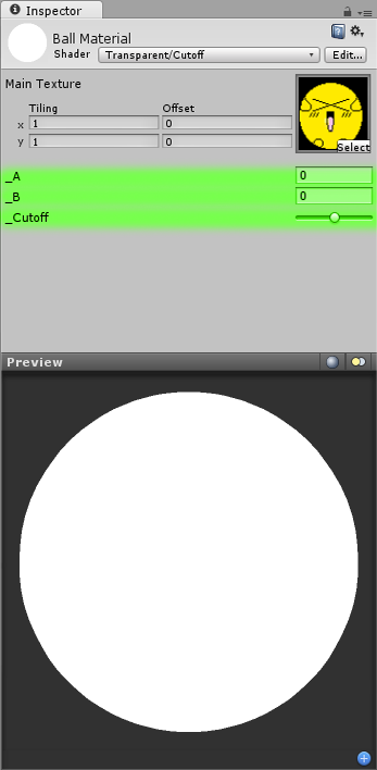 Properties of our shader appearing in the inspector.