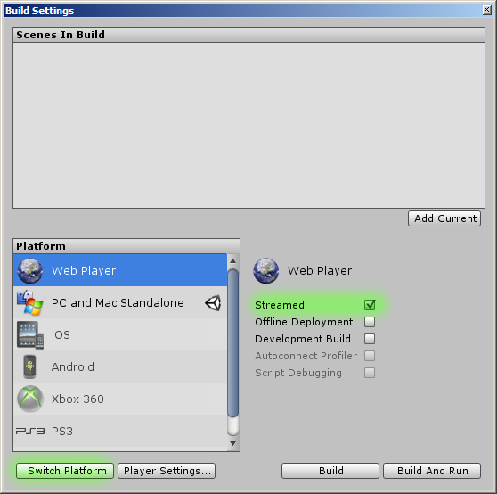 Unity Build Settings.