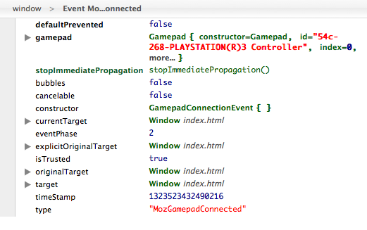 The logged event of connecting a gamepad