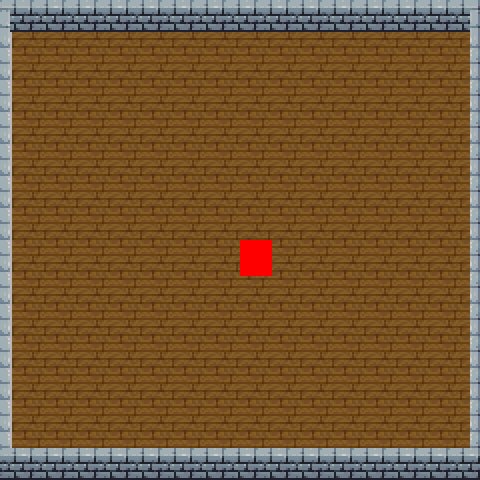 an indoor room with wooden floors, stone walls, and a red square player in the middle