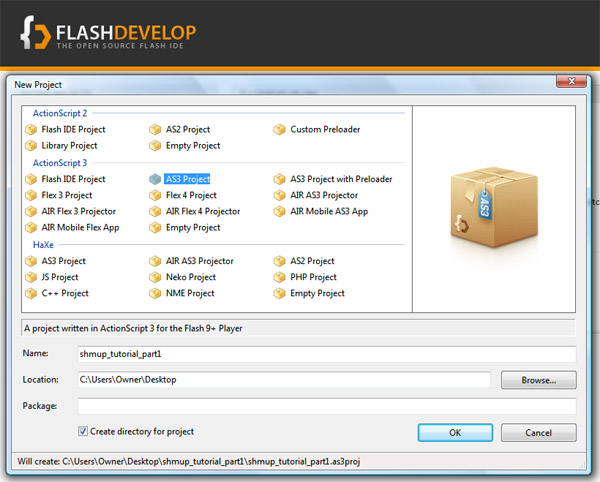 Create an .AS3 project using FlashDevelop